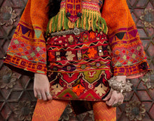 Load image into Gallery viewer, Front view of embroidered skirt and sleeves Afghan Indian textile set
