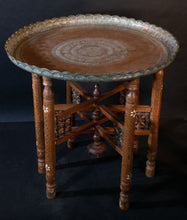 Load image into Gallery viewer, Antique Syrian copper and brass tray table on inlaid base.
