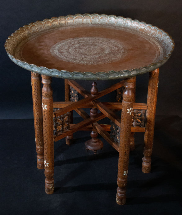 Antique Syrian copper and brass tray table on inlaid base.