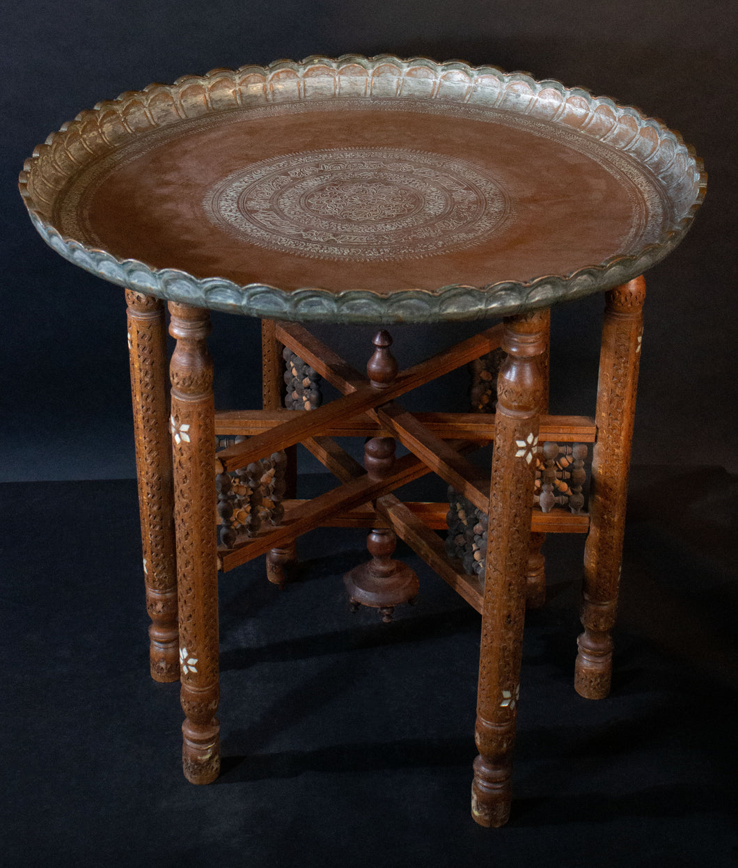 Antique Syrian copper and brass tray table on inlaid base.