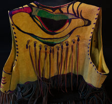 Load image into Gallery viewer, Back view of bohemian hand-painted leather vest.

