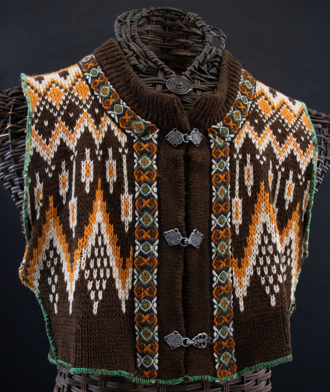 Front view of bolero sweater showing metal closures