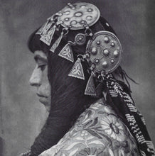Load image into Gallery viewer, Old photo of same style Moroccan silver work in a traditional headdress
