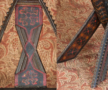 Load image into Gallery viewer, Detail of laquer and stud design work on two chairs.
