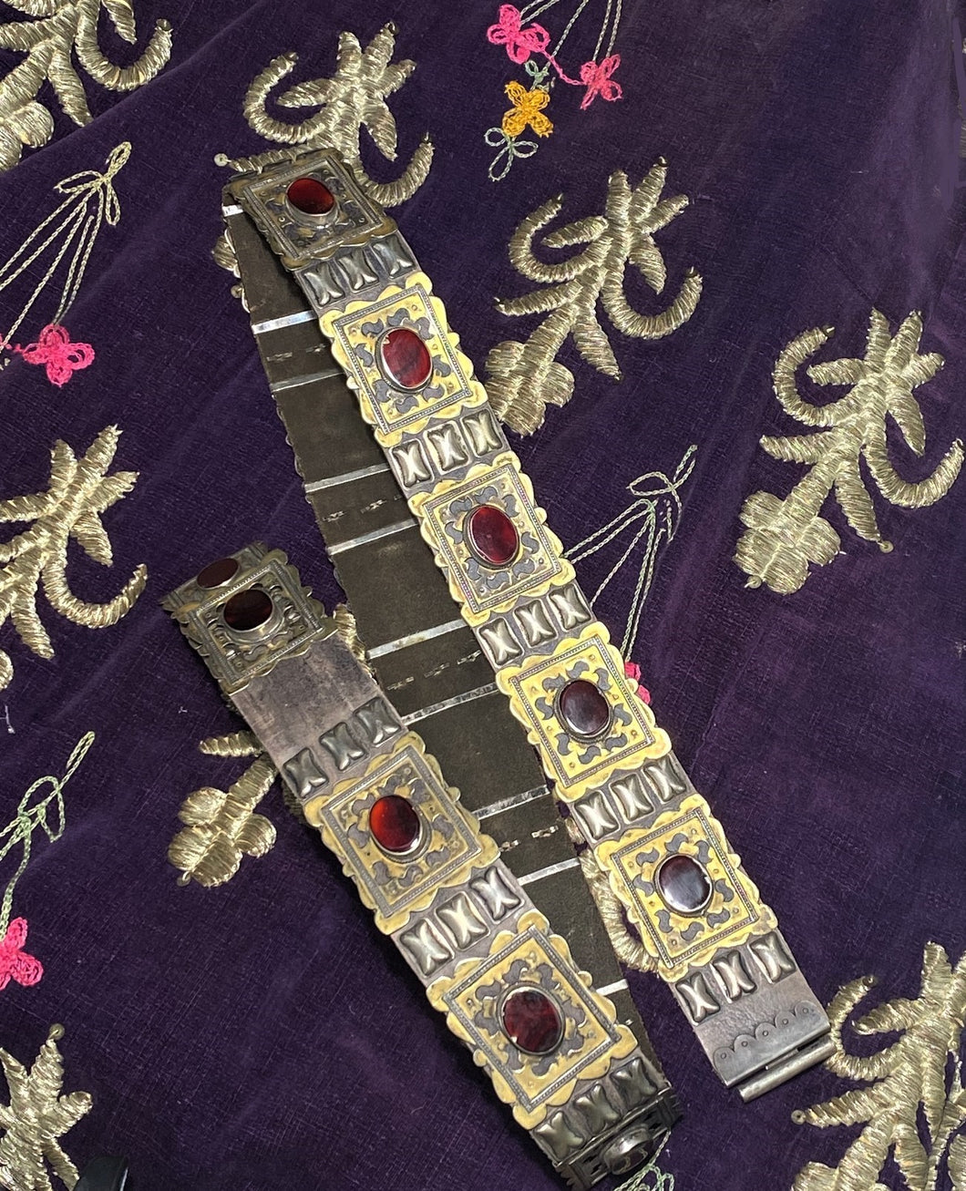 Closer view of gilt silver and carnelian sections of Turkoman belt