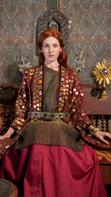 Load image into Gallery viewer, Front view of stunning turkoman coat adorned with gilt coins
